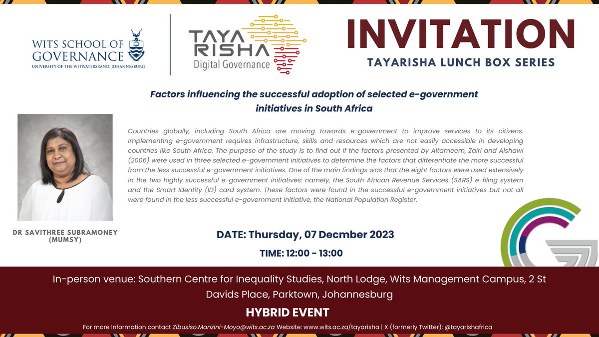 INVITATION: Join us for our final installation for 2023 of the Tayarisha Lunch Box Series with Dr. Savithree Subramoney (Mumsy) on Thursday 07 December 2023 from 12:00 – 13:00 (SAST).