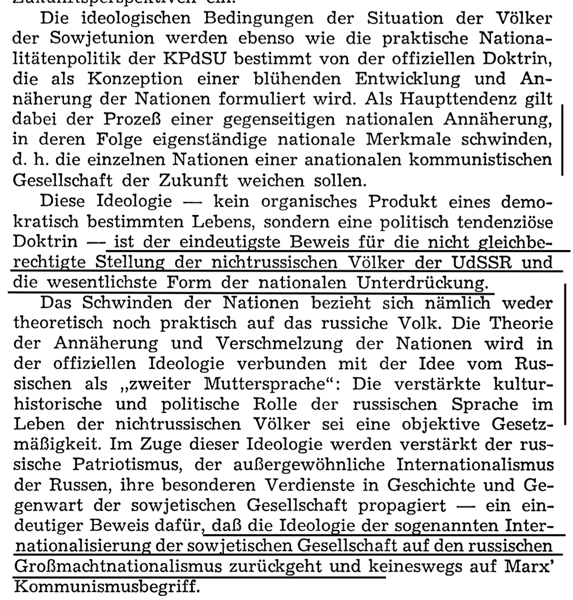 Aus dem "offenen Brief" von 1979 des sowjetukrainischen Dissidenten Jurij Badzio (1938-2018). Er enthüllte die Parteidoktrin von der Internationalisierung der Sowjetunion als Russifizierung der nichtrussischen Völker und Neuauflage der großrussischen, zaristischem Idee.