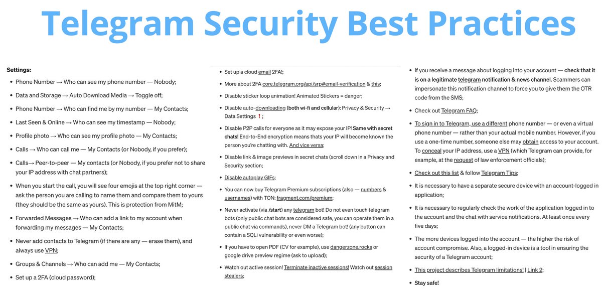 cyb_detective's tweet photo. Telegram Security Best Practices

"Some quick tips that will help you sleep better at night when using Telegram" (c)

https://t.co/ic6zKWftdj

Author @officer_secret 
Tip by @akaclandestine https://t.co/e3doVNMQk0