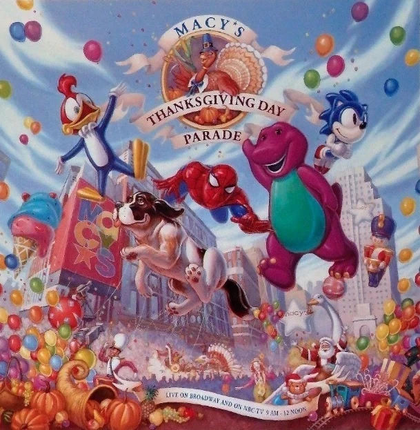semifreqsonic's tweet photo. Thanks to artwork promoting the Macy's Thanksgiving Parade through the years, Sonic the Hedgehog has crossed over with various characters such as Garfield, Spider-Man, Barney the Dinosaur, and Betty Boop. https://t.co/WT35gtyF9L