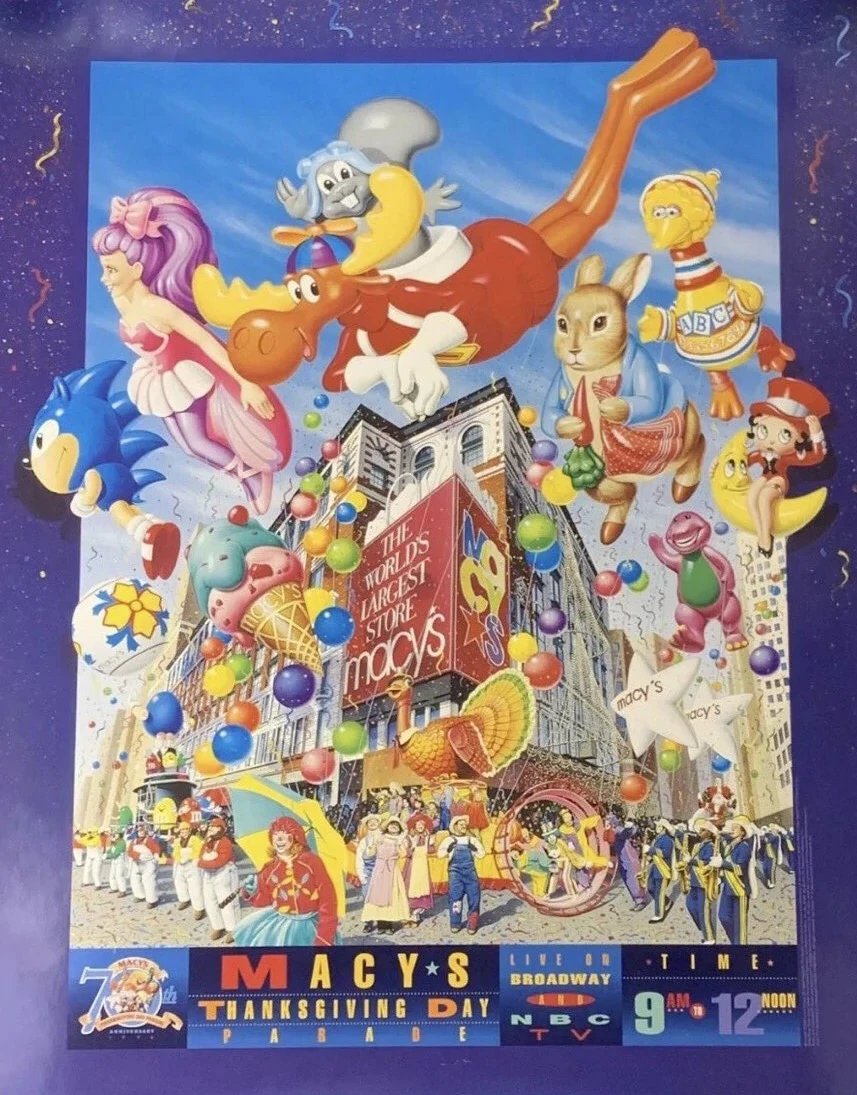 semifreqsonic's tweet photo. Thanks to artwork promoting the Macy's Thanksgiving Parade through the years, Sonic the Hedgehog has crossed over with various characters such as Garfield, Spider-Man, Barney the Dinosaur, and Betty Boop. https://t.co/WT35gtyF9L