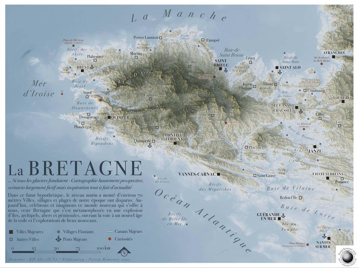 Il était temps pour un V2 de "la Bretagne si tous les glaciers fondaient". 

Refonte graphique, villages flottants, nouveaux sites de plongée et plus de toponymes rigolos !

Plusieurs de mes cartes sont disponibles ici : perrinremonte.etsy.com ! 🎁🎄🎁