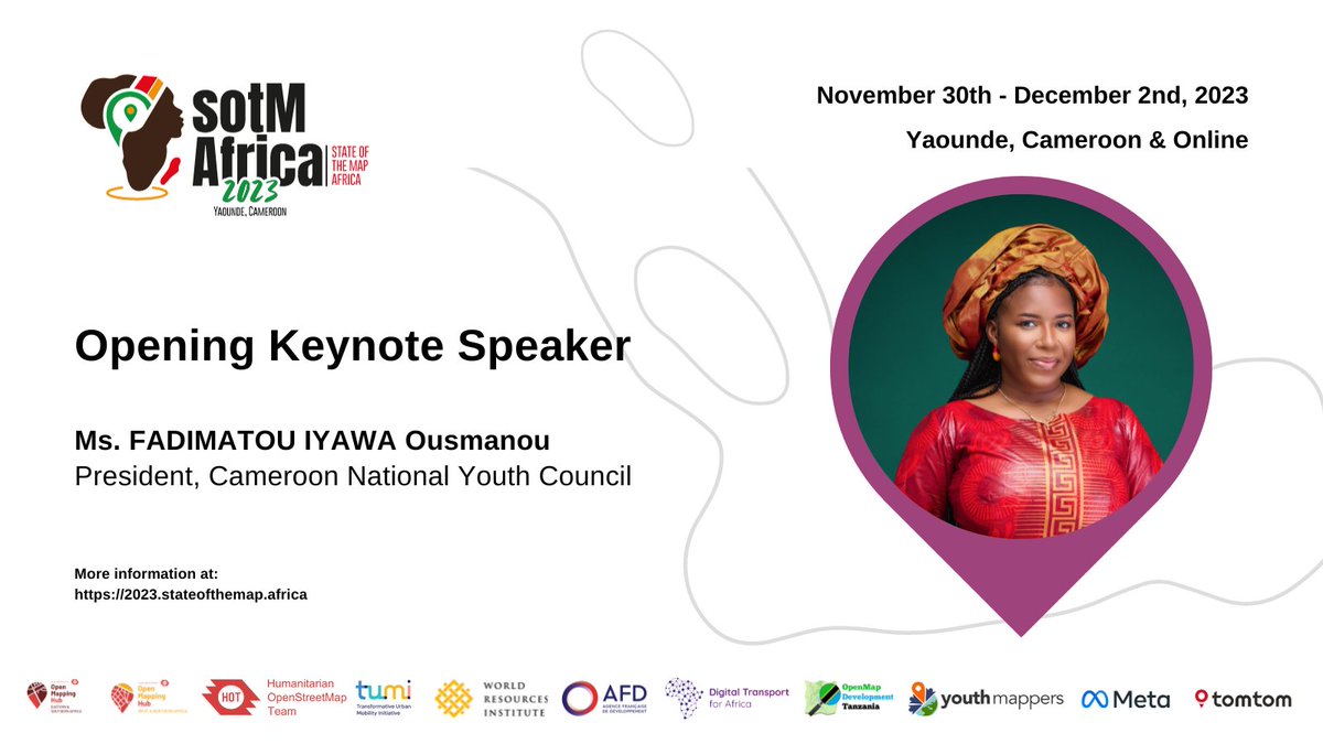 SotM Africa 2025 (@sotmafrica) on Twitter photo 🌟Thrilled to have Ms. Fadimatou Iyawa Ousmanou <a href="/fadiiyawa/">Fadimatou iyawa ousmanou</a>, President of the Cameroon National Youth Council as our esteemed keynote speaker at the State of the Map Africa 2023 Conference. Don't miss her empowering address! #SotMAfrica2023
More details➡️ 2023.stateofthemap.africa/programme 🌟Thrilled to have Ms. Fadimatou Iyawa Ousmanou <a href="/fadiiyawa/">Fadimatou iyawa ousmanou</a>, President of the Cameroon National Youth Council as our esteemed keynote speaker at the State of the Map Africa 2023 Conference. Don't miss her empowering address! #SotMAfrica2023
More details➡️ 2023.stateofthemap.africa/programme
