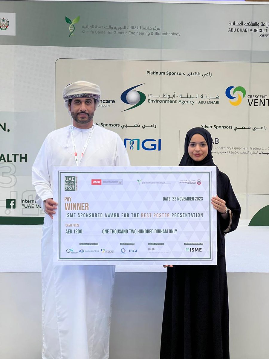Congratulations to Fatema Al Mandhari <a href="/FatmaKM9/">Fatma</a> for winning the best poster at UAE Microbiome 2023, for her work on the diversity of oil degrading bacteria in Rima Wetland <a href="/Veolia/">Veolia</a>. So proud! <a href="/SWAE_Group/">SWAE_GROUP</a>