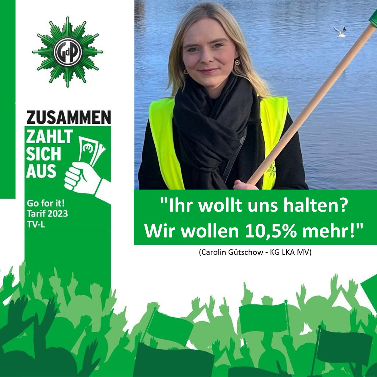 GdP_MV's tweet photo. Die #Gewerkschaft der #Polizei (#GdP) verhandelt in der #Tarifrunde2023 für d Länder - im Verbund der öD-Gewerkschaften.  
👉 Carolin Gütschow: „Ihr wollt uns halten? Wir wollen 10,5% mehr!"

#ZUSAMMENzahltsichaus #Tarif #GdPWirFürMorgen https://t.co/x8oqc7vRym