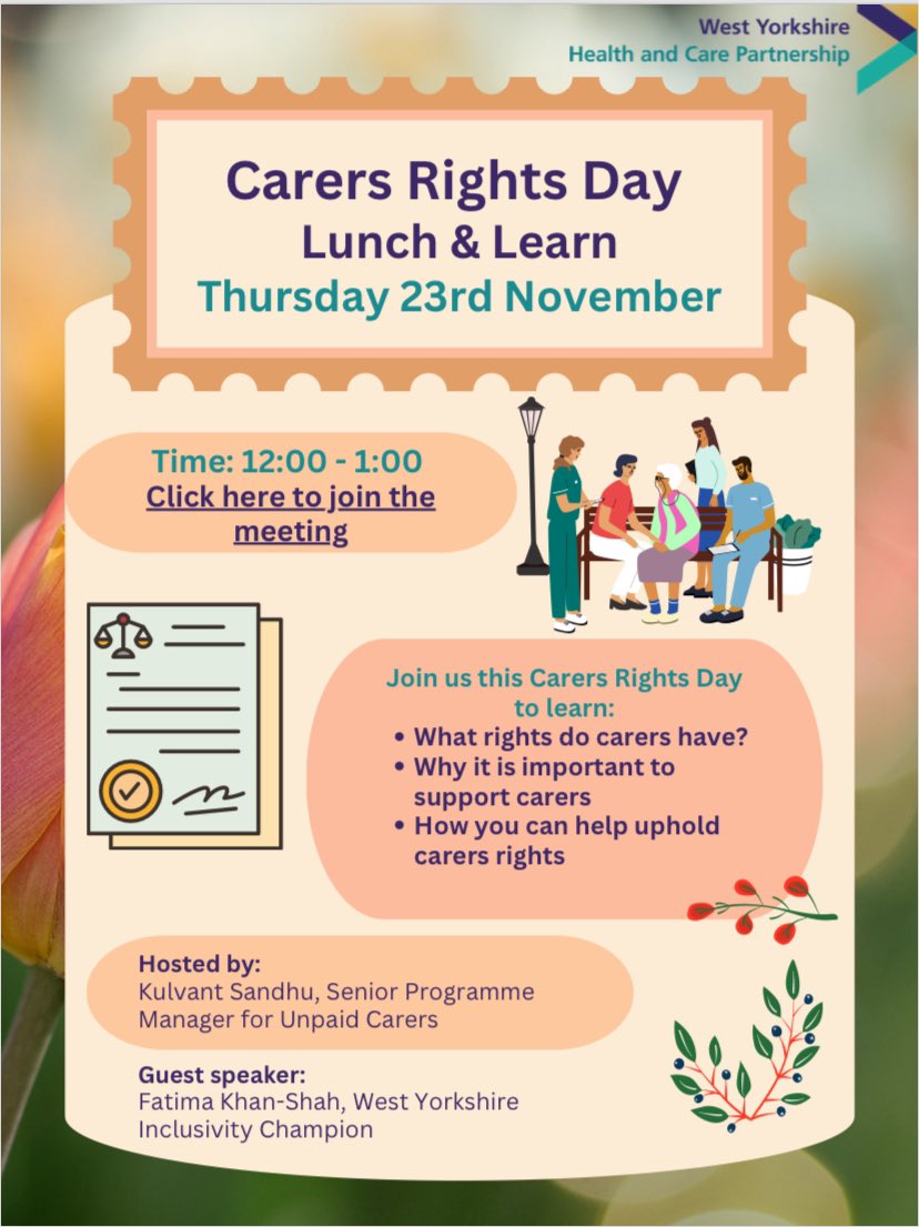 It’s Carers Rights Day! Today is all about raising awareness of the rights carers have. 
Join me and @shutcake later today as we talk through these in our live lunch & learn. 
We’ll also be posting more on these rights throughout the day @WYpartnership @CarersUK #CarersRightsDay