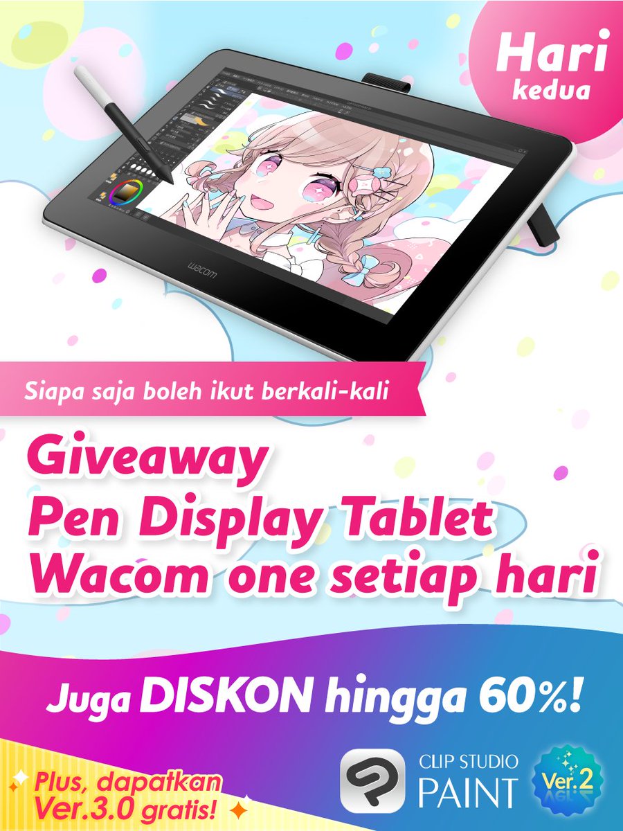 Giveaway Wacom One bagi satu setiap hari! Cukup follow &amp; RT postingan ini. Kesempatan tinggal 5x lagi! Plus, promo terbatas CLIP STUDIO PAINT DISKON hingga 60% berlangsung s/d 28 November 15.00 WIB. Klik lebih lanjut: clipstudio.net/promotion/give…