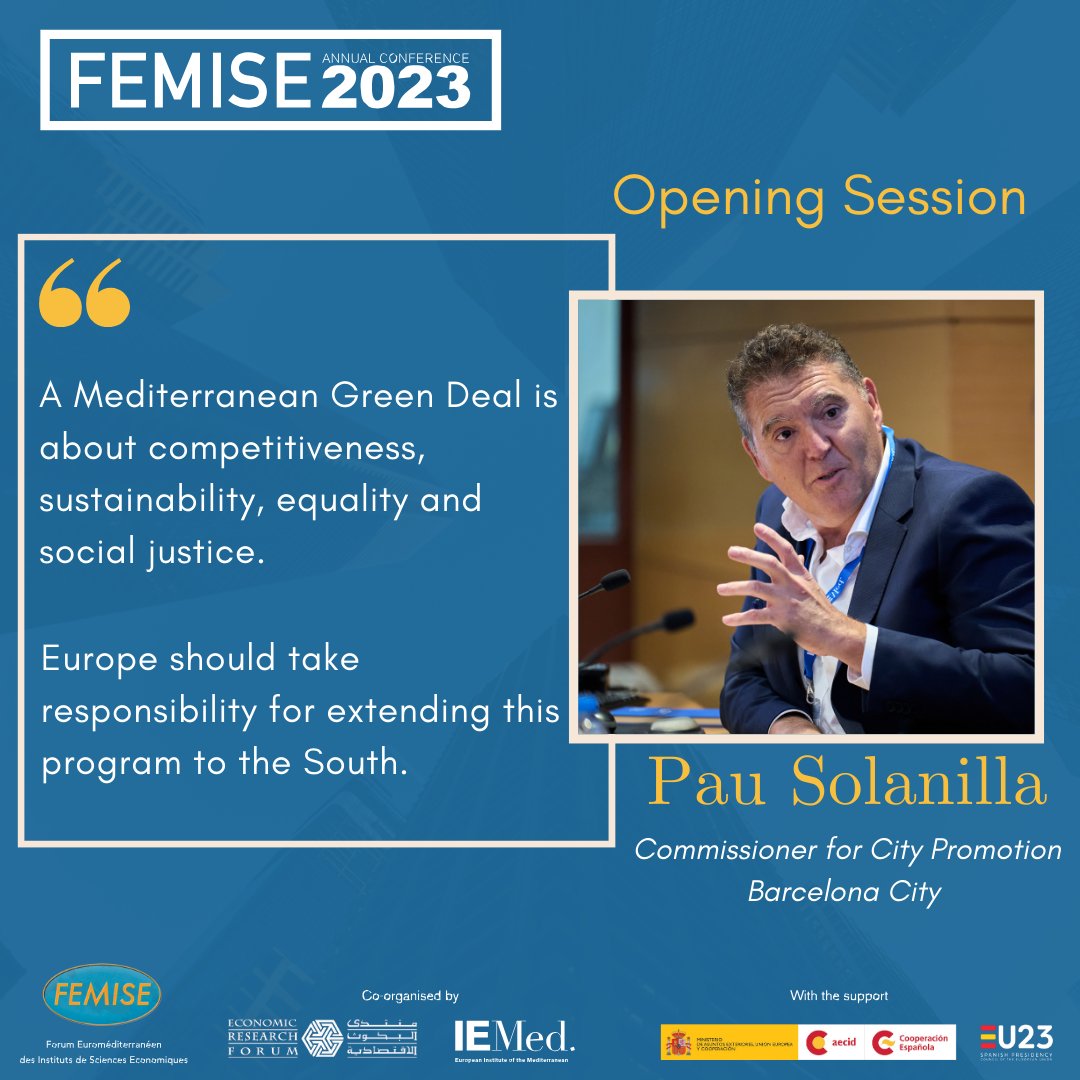 femisenetwork's tweet image. 🗣️&quot;Mediterranean green deal is about sustainability, equality &amp;amp; social justice, Europe should take responsibility for extending this program to the South.&quot; stressed @PauSolanilla, Commissioner Barcelona City Council during #femise_ac2023 opening session.➡️bit.ly/46q0gxw