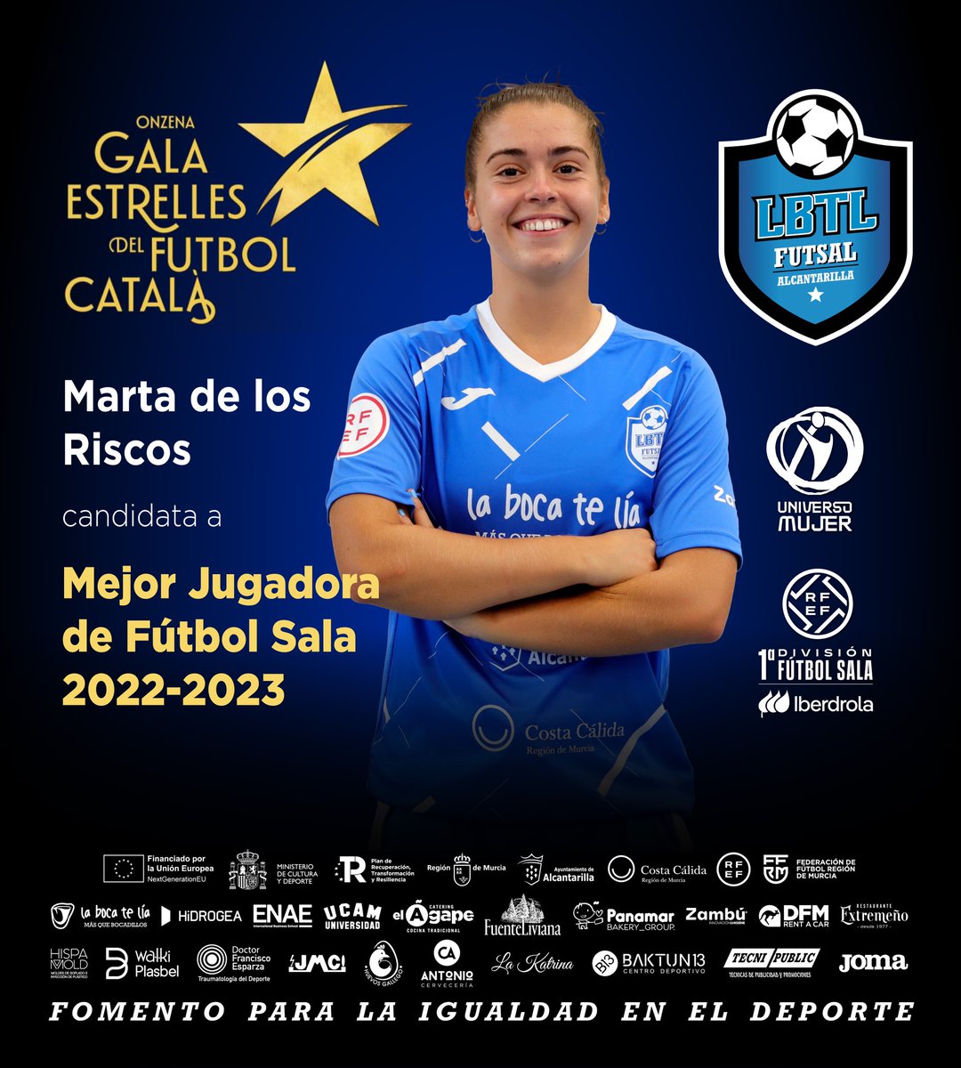Nuestra jugadora <a href="/marta99ra/">Marta de los Riscos</a> nominada a mejor jugadora de fútbol sala 22/23 en la “Gala estrellas del Fútbol Catalán” que organiza la Federación Catalana de Fútbol 👏🏽

#AlcantarillaEsDeporte #BlueeAgles #UniversoMujer