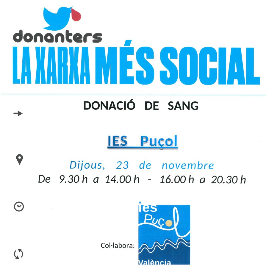 Donació de sang en #Puçol
📅 dijous #23novembre 
📌 IES Puçol
🕐09:30-14:00🕐16:00-20:30
No esperes a una situació d'emergència, la sang ha d'estar disponible diàriament als hospitals.
Converteix la donació en un hàbit! 🩸