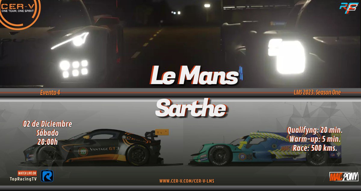 CER-V season 2023 (@cerv2022) on Twitter photo 500 kms Le Mans
CERV LMS 2023
Última carrera del campeonato, la cuna de la resistencia acoge el evento con el que se cierra el campeonato.
Inscripciones:
cer-v.com/inscripciones-…
02/12/2023 - sábado - 20.00h
Qualy: 20 minutos 
Race: 500 kilómetros 500 kms Le Mans
CERV LMS 2023
Última carrera del campeonato, la cuna de la resistencia acoge el evento con el que se cierra el campeonato.
Inscripciones:
cer-v.com/inscripciones-…
02/12/2023 - sábado - 20.00h
Qualy: 20 minutos 
Race: 500 kilómetros