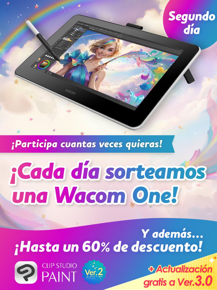 ¡Sorteamos una tableta gráfica Wacom One cada día! Para participar, síguenos y republica este post. ¡Aún tienes 5 oportunidades! 
¡Aprovecha nuestras rebajas de hasta un 60 % hasta el 28 de noviembre a las 8:00 GMT!
Detalles en: clipstudio.net/promotion/give…