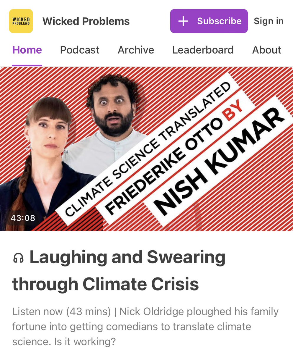 Ahead of our new film, we managed to chat to @rdelevan and Claire Brady from the Wicked Problems podcast. 

Find out how our project was conceived and why comedian’s are key to solving the #ClimateCrisis ‼️

news.wickedproblems.uk/p/laughing-and…

#climate #comedy #wickedproblems #comms…