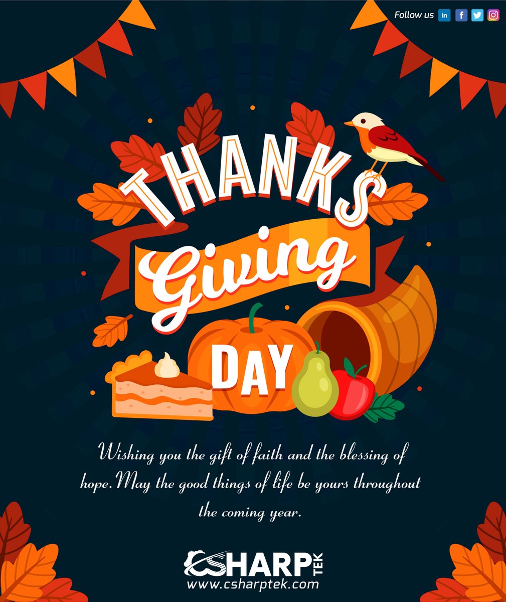 Wishing everyone a #Thanksgiving  filled with gratitude, warmth, &amp; togetherness! 🍂🦃 <a href="/csharptek1/">Csharptek- Microsoft Solutions Partner</a>, is grateful for our amazing team, partners, &amp; clients who've made our journey special. Let's cherish blessings, share with others, &amp; enjoy family time. #HappyThanksgiving #Gratitude