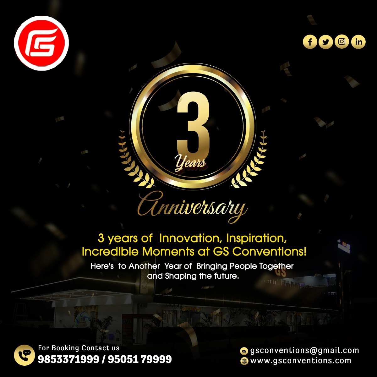 GsConventions's tweet photo. ✨Three years of innovation, inspiration, and incredible moments at Gs Conventions. Celebrating a journey filled with knowledge, connections, and countless memories. Here's to many more years🎉 of bringing ideas to life!

#GsConventionsAnniversary #3YearsStrong #vizagfunctionhall https://t.co/EUDqtK0Vn3
