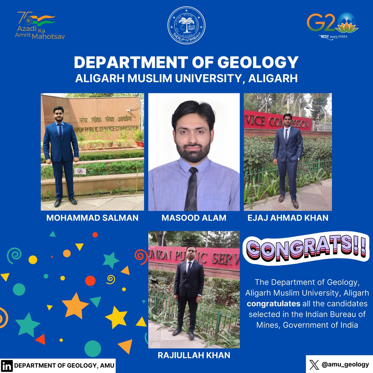 AMU_Geology's tweet photo. FOUR students of @AMU_Geology have been selected to the post of “Assistant Mining Geologist” in the Indian Bureau of Mines (@MinesMinIndia, Govt. of India)

We congratulate the successful students and wish them good luck!

@AMUofficialPRO @ugc_india @EduMinOfIndia https://t.co/zABZDJJ14d