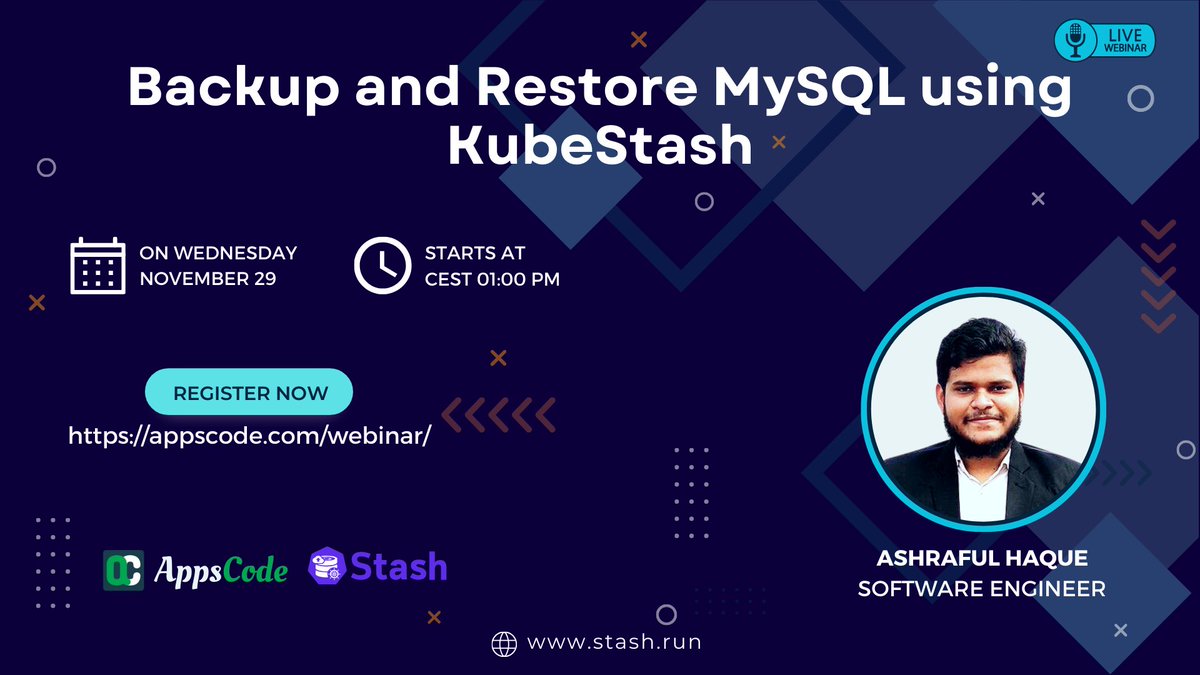 KubeStash's tweet photo. We have a new webinar coming up. The webinar is titled "Backup and Restore MySQL using KubeStash"
Date &amp; Time: November 29, 2023, 01:00 PM CEST
Register here: https://t.co/aod6zcdbiu

#KubeStash #MySQL #KubernetesBackupRestore https://t.co/HkQXoJW7lq
