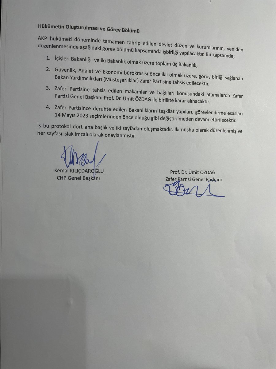 Öküz öldü ortaklıklar bozuldu!
<a href="/umitozdag/">Ümit Özdağ</a> <a href="/kilicdarogluk/">Kemal Kılıçdaroğlu</a> 
Ümit Özdağ, Kemal Kılıçdaroğlu ile yaptığı protokolü yayınladı.
#Perşembe