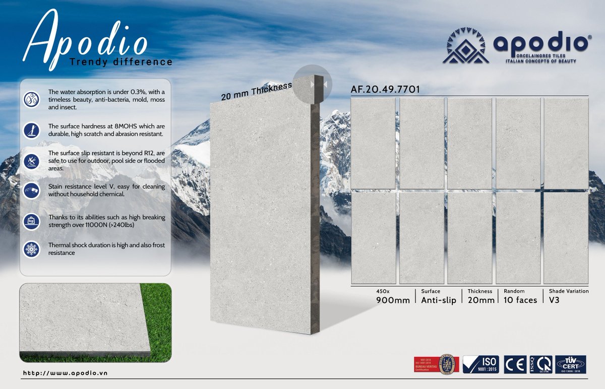 ApodioGres's tweet photo. APODIO ANTI SLIP SURFACE
🧐450*900mm
🧐thickness 20mm
abilities such as high breaking strength over 1000N (>221lbs)
@web: https://t.co/geLPvAmFEQ
@Email: apodio.export@gmail.com
@Phone: +84 901 27 33 88
#porcelain #tile #pavingtiles #roomdesign #architecture #apodio https://t.co/ZCTRCOZ4Nt