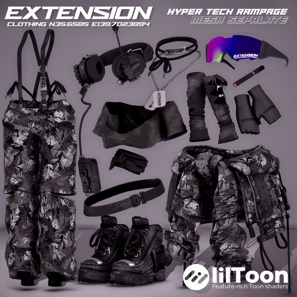 Yuinodeban's tweet photo. ▬▬▬▬▬▬▬▬▬▬▬▬▬▬▬▬▬▬▬▬▬▬
✦ EXTENSION CLOTHING ✦
▬▬▬▬▬▬▬▬▬▬▬▬▬▬▬▬▬▬▬▬▬▬

🎁RTプレゼント企画🎁

新作衣装、明日24日夕方発売！！！！

このツイートを RT & Followして頂いた方の中から抽選で5名様に明日、11月24日発売予定の新作衣装『HYPER TECH RAMPAGE』のフルパックをプレゼント致します🔥

"HYPER TECH EVO IGNITE"との相性は抜群に良し🫶武器を持たせるのも有り、チェンソーや工具、荷物を背負わせるも有りのVRCでは新感覚の泥臭い衣装ですが気分転換に汚い服はいかがでしょうか？

ダンスや撮影にもバッチリ映えるように製作しました😌

���バター素体用に汚れテクスチャマスクもご用意致しますのでみんなで一緒に汚れましょう😉

複数人のグループでの合わせ撮影やロールプレイなどにも使えると思います。
着かたを変えるととてもセクシーにもでき何故かサスペンダー部分のみ引っ張る事もできちゃいます🤫

ギミックは付属しないのでEVOの名前は入っていませんが、改変の得意な方はIGNITEの武器やジェットパックと合わせて装備しても良い感じだと思います♡

※対応アバターは5体ほどをご用意致しておりますがギリギリまで増える可能性もあるので商品ページ公開後にページにてご確認下さい🙇‍♀️

このツイートをリツイートしてプレゼント企画に参加しよう🎁

【締切&抽選】11月26日17時

✦EXTENSIONCLOTHING ✦
https://t.co/K1W9NkTuH4
#EXTENSIONCLOTHING #VRChat