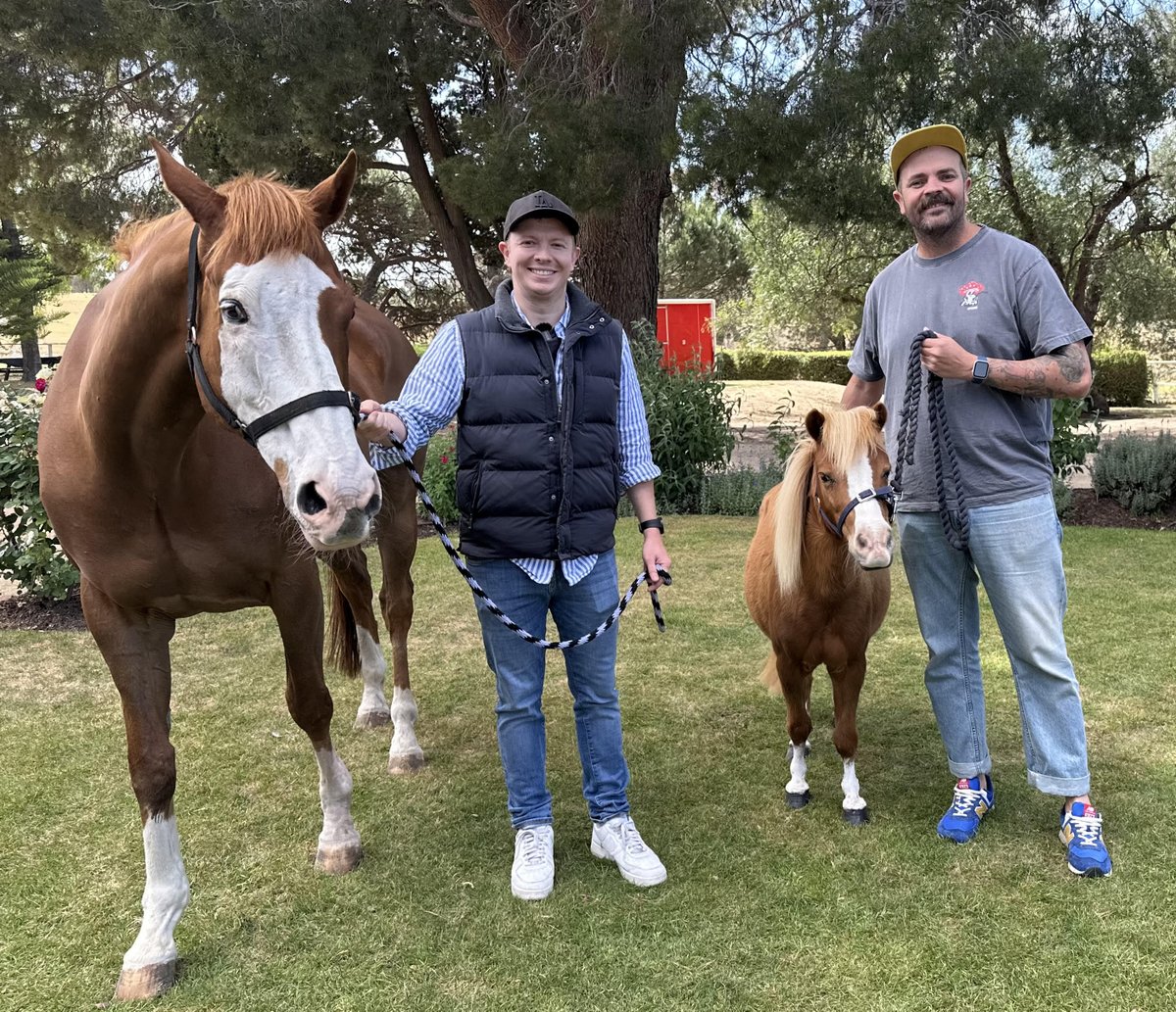 LivingLegendsAU's tweet photo. Apache Cat enjoyed a day with his mini look-alike Enzed and the #ThreeWideNoCover team. This Saturday, he's back at @CranTurfClub as a special guest for the #ApacheCat Classic and #CranbourneCup. Patch will be in his element, mingling, and making new friends! https://t.co/rALD6gVxRm