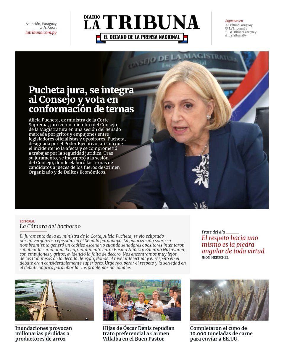 TribunaParaguay's tweet photo. 🌤️ Damos inicio a un nuevo día
🔴 Pucheta jura, se integra al Consejo y vota en conformación de ternas
▶️ Editorial: La Cámara del bochorno
📰 Lee esto y más en https://t.co/LRq61fkDyt
#Paraguay #Pucheta #Senado https://t.co/GY5SaVDpl1