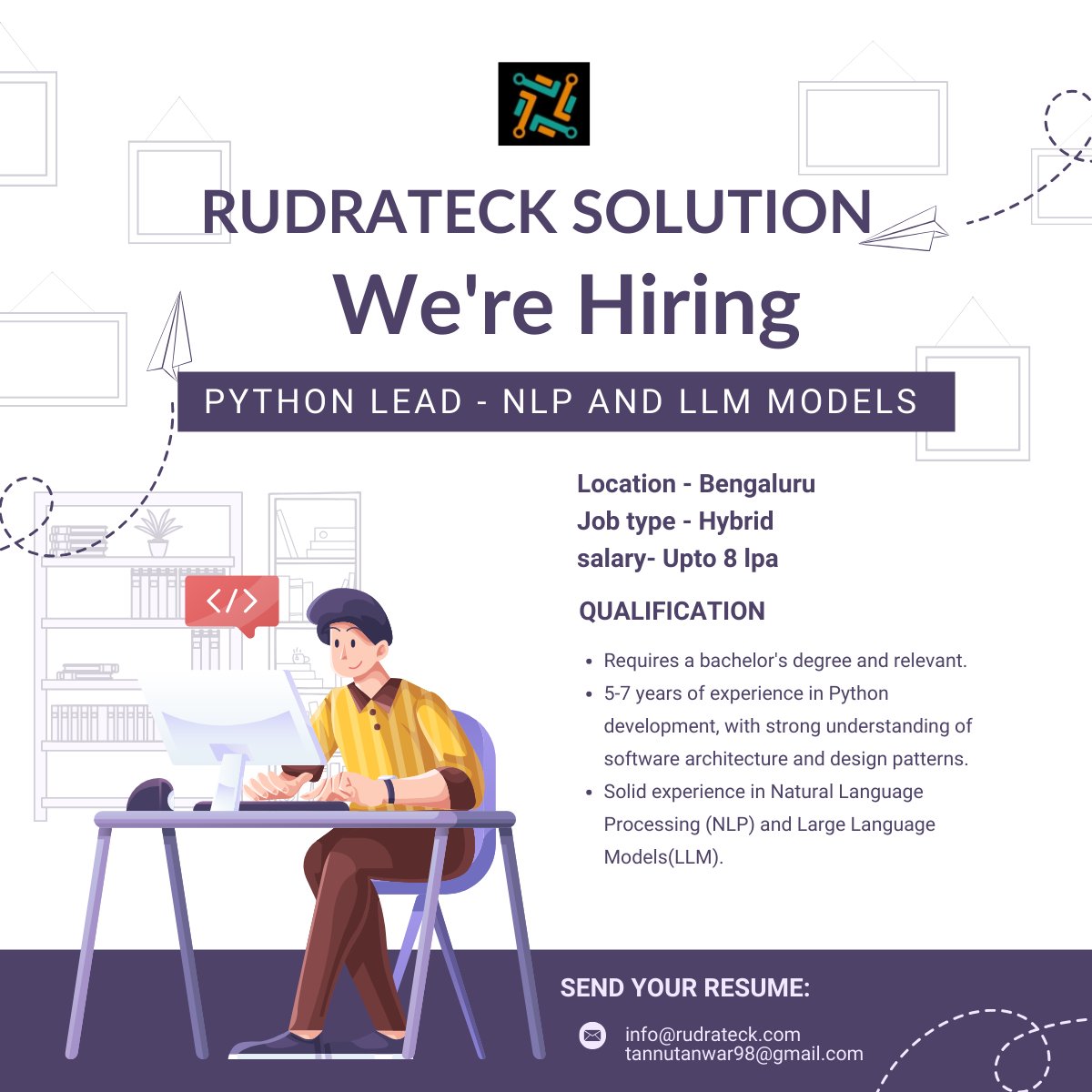 We're urgently hiring for Python Lead- NLP and LLM Models.
Experience - 5-7 years
Location - Bengaluru
Job Mode- Hybrid
Interested candidates apply now.
Share your resume at info@rudrateck.com or tannutanwar98@gmail.com
#python #hiring #bengalurujobs #developer #developerjobs