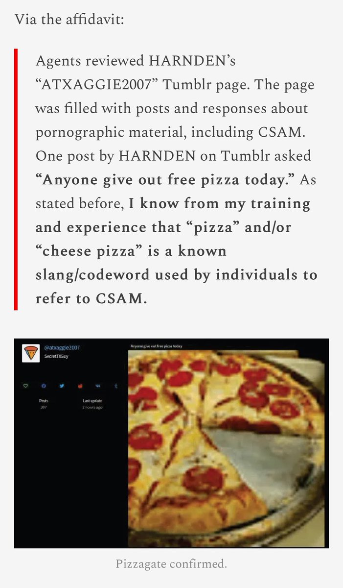 BOOM: FBI CONFIRMS PIZZAGATE IN COLLEGE STATION, TEXAS CASE! 

Clint Harnden, who worked at Texas A&amp;M was arrested on child pornography charges earlier this month and the FBI reported he used the pedophile code word “pizza” in chats to discuss child porn. 

Harnden is facing