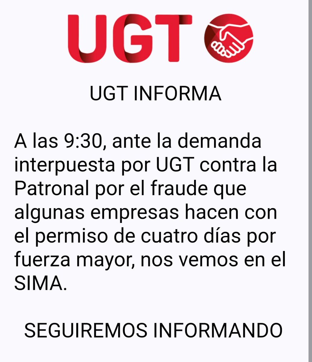 UGT_CCenter's tweet photo. UGT DEMANDA A LA PATRONAL POR NO RETRIBUIR EL PERMISO DE CUATRO DÍAS POR FUERZA MAYOR https://t.co/5CMMXwB7xW