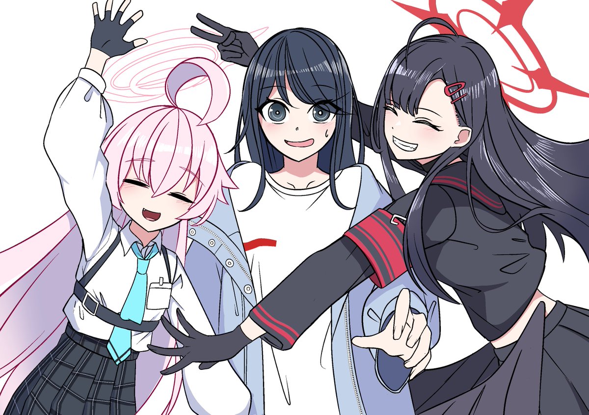 hoshino (blue archive) ,ichika (blue archive) multiple girls 3girls black hair gloves long hair halo armband  illustration images