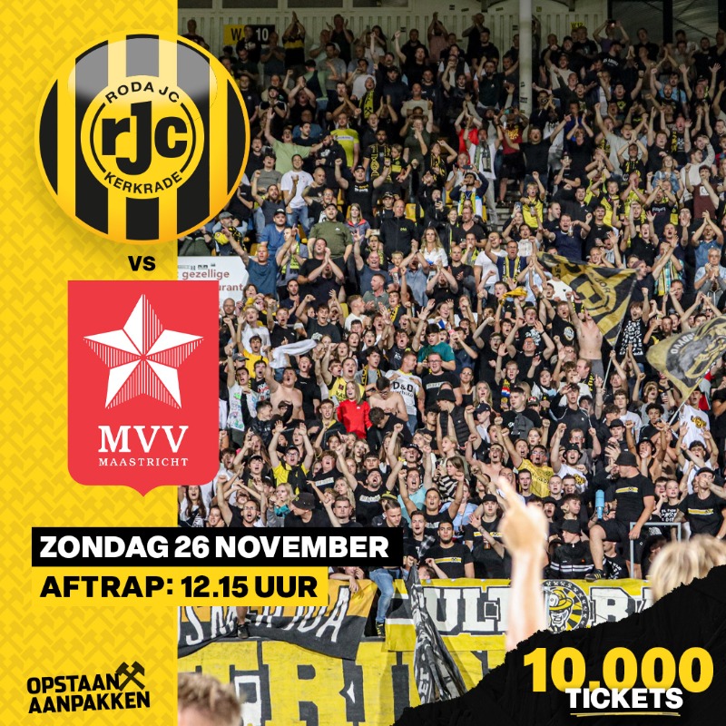 RodaJCKerkrade's tweet photo. Inmiddels zijn er al 10.000 tickets verkocht. 𝗢𝗽 𝗻𝗮𝗮𝗿 𝗺𝗲𝗲𝗿! 🔥

Op de Koempeltribune zijn nog slechts 200 tickets beschikbaar, ben er snel bij! 🏃🏽💨

#RODMVV #RodaJC