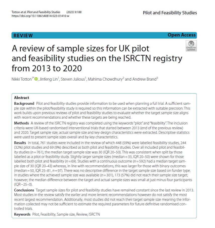 Steven Julious (@stevenjulious) on Twitter photo A paper with <a href="/TottonNikki/">Nikki Totton</a> on a review of sample sizes for UK pilot and feasibility studies on the has just been published in Pilot and Feasibility Studies
#statstwitter #epitwitter #clinicaltrials
doi.org/10.1186/s40814… A paper with <a href="/TottonNikki/">Nikki Totton</a> on a review of sample sizes for UK pilot and feasibility studies on the has just been published in Pilot and Feasibility Studies
#statstwitter #epitwitter #clinicaltrials
doi.org/10.1186/s40814…