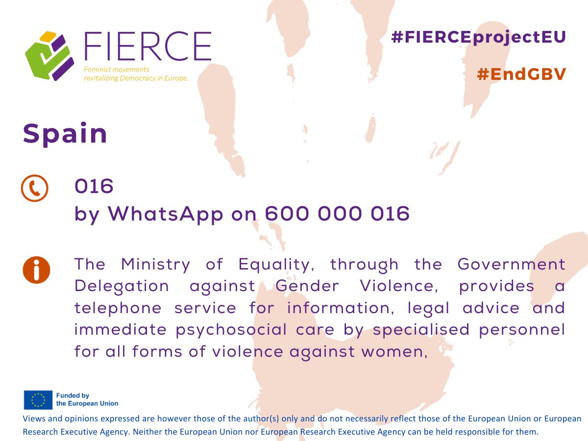 Fierceprojecteu's tweet photo. 🌟#FIERCEprojectEU countries against #GBV - SPAIN🇪🇸
🔸Hotline (016)
🔸Madrid's 24-Hour Crisis Center
🔸Bilbao: Atención Especializada en Violencia de Género 🔗https://t.co/TWl7GLGfzk
🔸Barcelona: Servei d'Atenció, Recuperació i Acollida (SARA) 🔗https://t.co/RDs0GumOeE
#endGBV https://t.co/GXiUFEtqIF