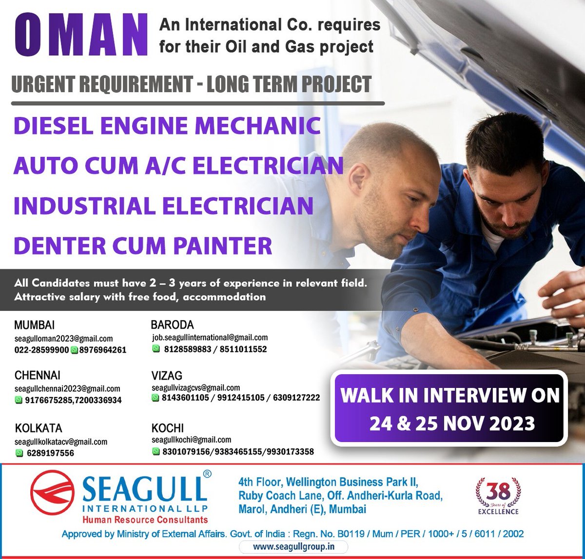 hrd1_seagull's tweet photo. 🇴🇲Oman Jobs 
‼️Urgent Requirement 
✔️Long Term Project 
🗓️Walk In Interview On 24th &amp; 25th November 2023 
📍Location- Mumbai , Baroda , Chennai , Vizag , Kolkata , Kochi
.
.
.
#omanjobs #seagull #dieselenginemechanic #acelectrician #industrialelectrician #denter #painter https://t.co/84ieeaBcGy