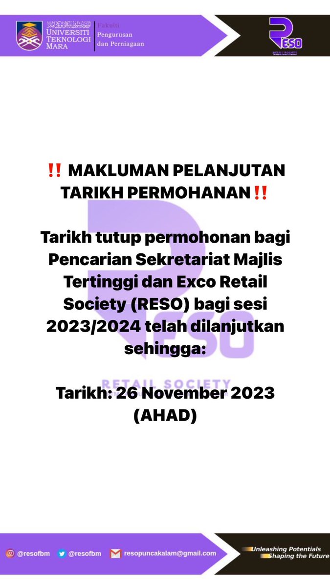 resofbm's tweet photo. ‼️MAKLUMAN PELANJUTAN TARIKH PERMOHANAN‼️

Sebarang pertanyaan sila hubungi:
📞RESO Yasmin: 01113174408

📞RESO Wan Afiq: 0139212112 https://t.co/KFRECfobP0