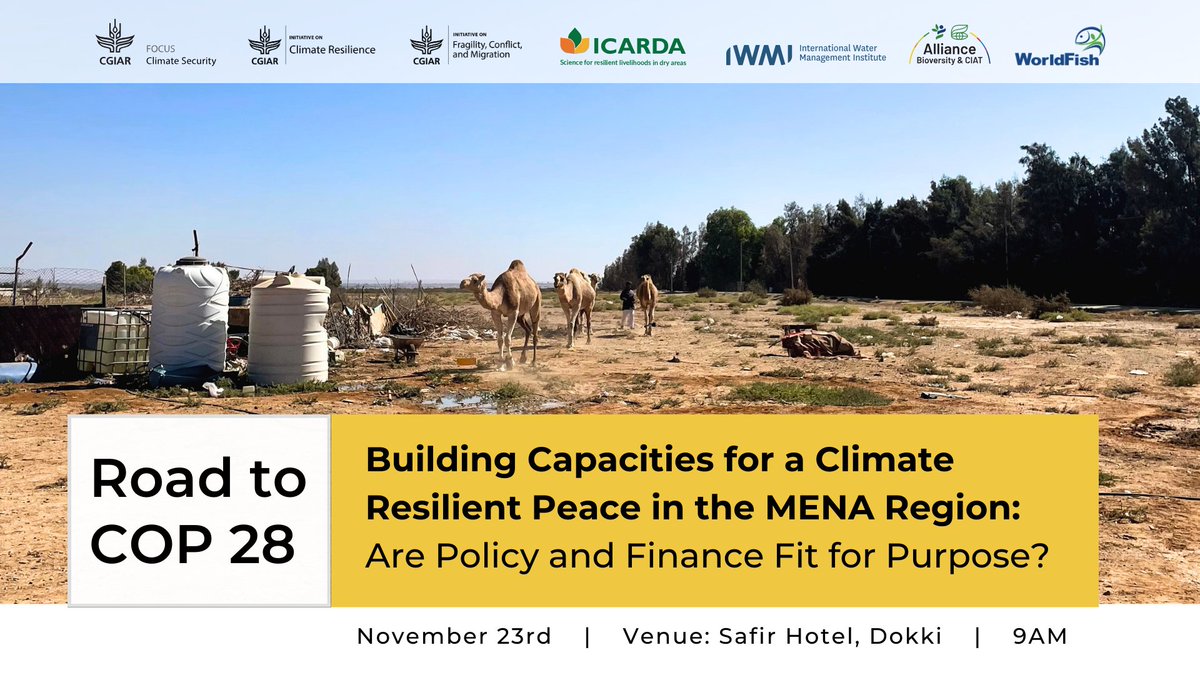 CGIARclimate's tweet photo. #CGIARMENA Hub #PreCOP28 expert dialogue holds today.
We will be exploring actionable steps for comprehensive #climatesecurity assessments, policy integration, and climate finance for resilience in the MENA region.
Stay tuned for more updates and insights! @ICARDA @IWMI_MENA https://t.co/kpZCY0ydBi