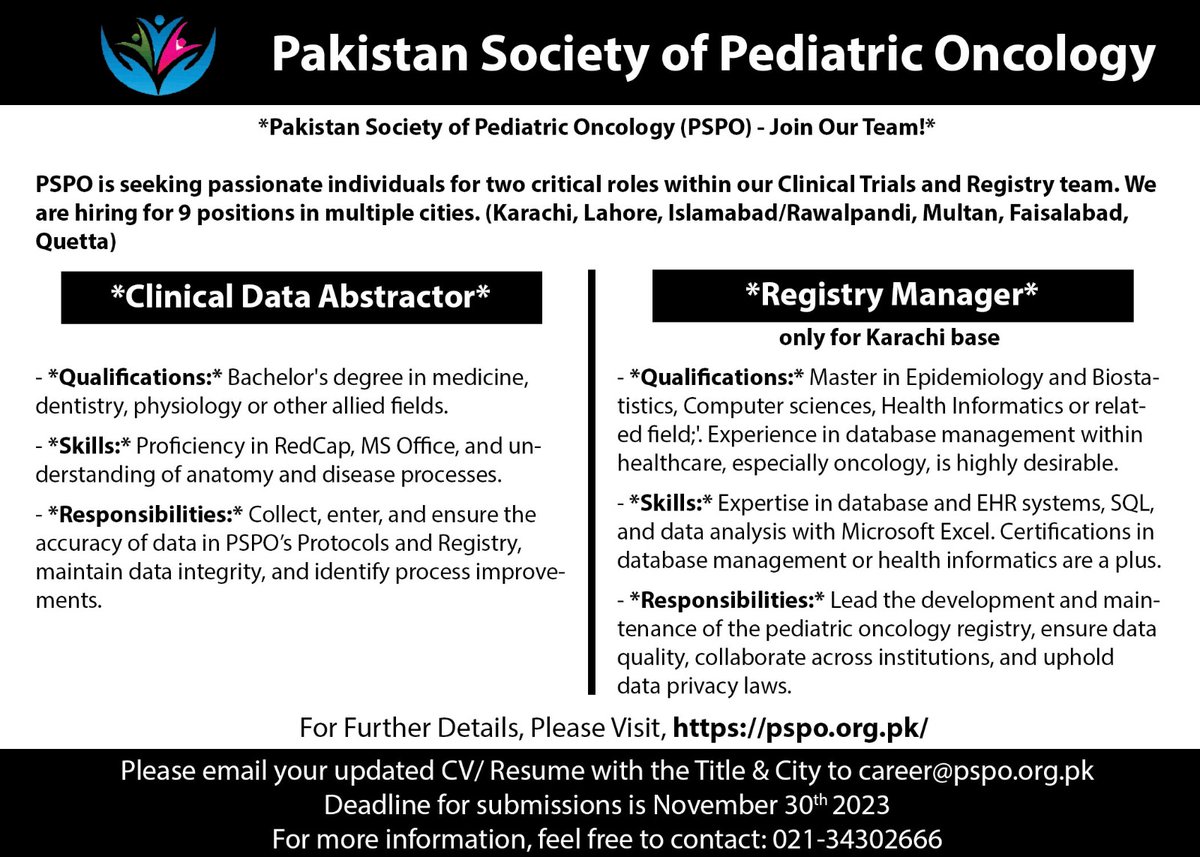 We are hiring! 🎉🎉
#PakistanSocietyofPediatricOncology (PSPO) is looking for the following positions:

1. Clinical Data Abstractor: In multiple cities of Pakistan
2. Registry Manager: Based in Karachi

#Careers #jobs #hiring #HiringAlert #researchabstrator #karachijob #lahorejob