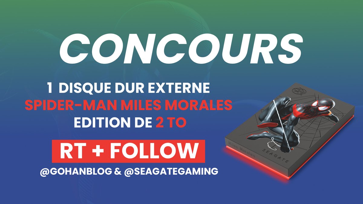🎁CONCOURS🎁
🔁RT + Follow <a href="/GohanBlog/">Aurelien</a> et @SeagateGaming pour gagner 1 Disque dur externe Spider-Man Miles Morales Edition de 2 TO ! #SeagateGaming #Concours 
📆Fin du concours le 13 décembre 2023 à minuit. Bonne chance, bisous.