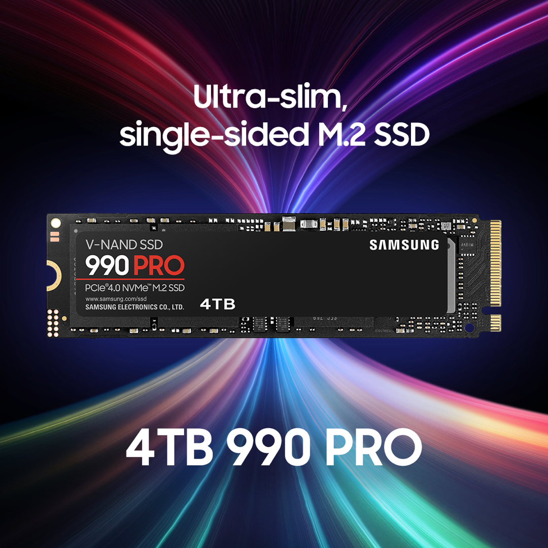 Thanks to #SamsungSemiconductor’s 8th gen. VNAND (V8) technology, the 4TB capacity #990PRO fits onto a single-sided M.2 form factor, making it unique among 4TB SSDs. The result is a slimmer drive that won’t risk damaging other components when installed in ultra-slim laptops.