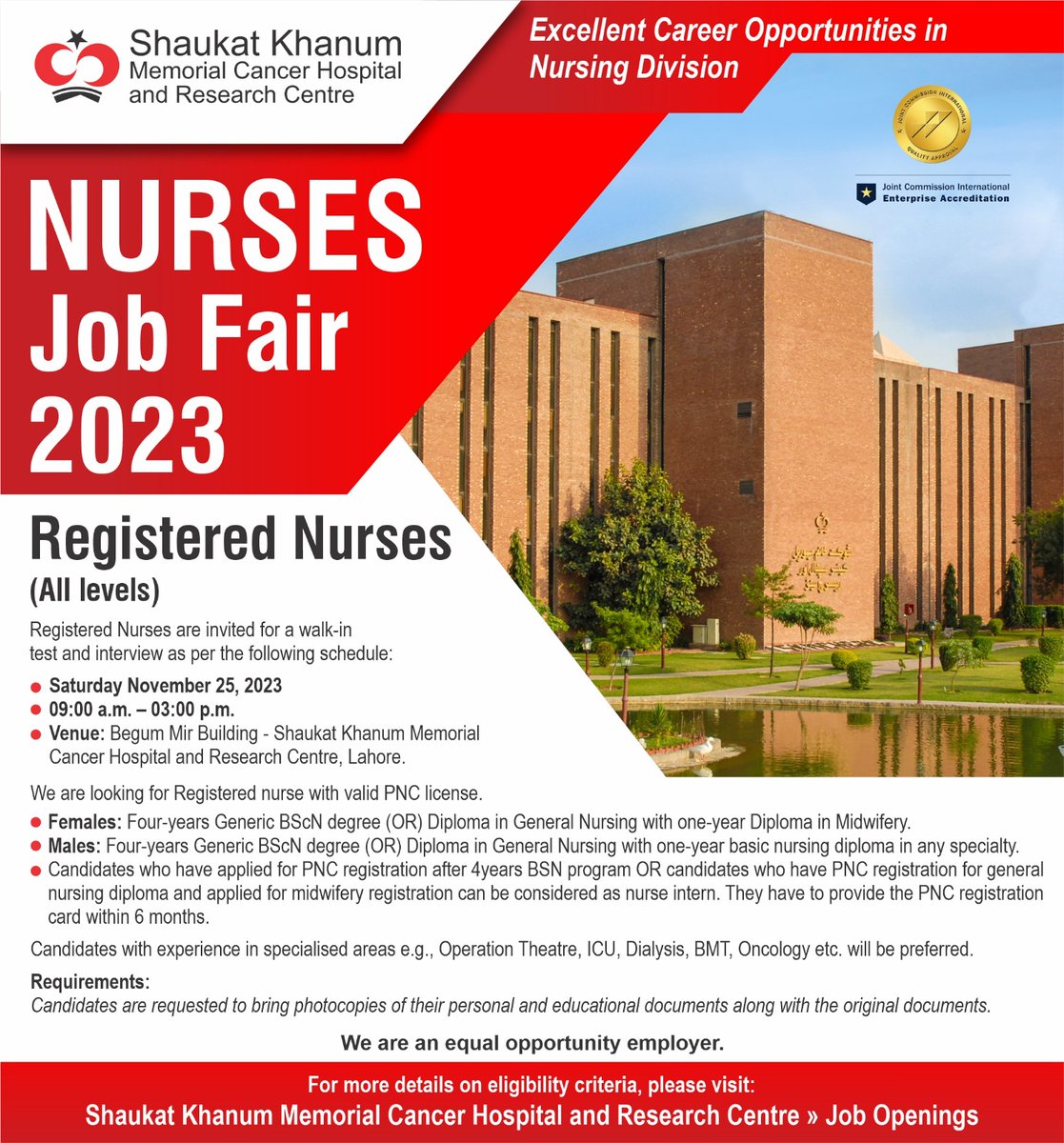 Excellent Career Opportunities for Registered Nurses (All Levels)
We're inviting Registered Nurses to a walk-in test and interview on:
📅 Saturday, November 25, 2023
🕒 09:00 AM – 03:00 PM
🏢 Begum Mir Building, SKMCH&RC, Lahore

#NursingJobs #SKMCH #JobsInLahore