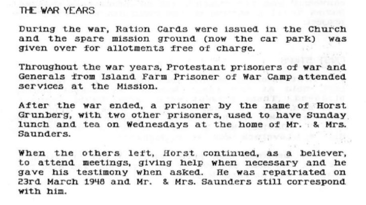 @MartinWoodier @LitchardMission Yes! This is a great perspective.

During the war, the church welcomed some people from the local PoW camp to services. Three prisoners continued to have Sunday lunch with a couple from the church after the war ended!

This is from a history booklet produced in the late 80s: