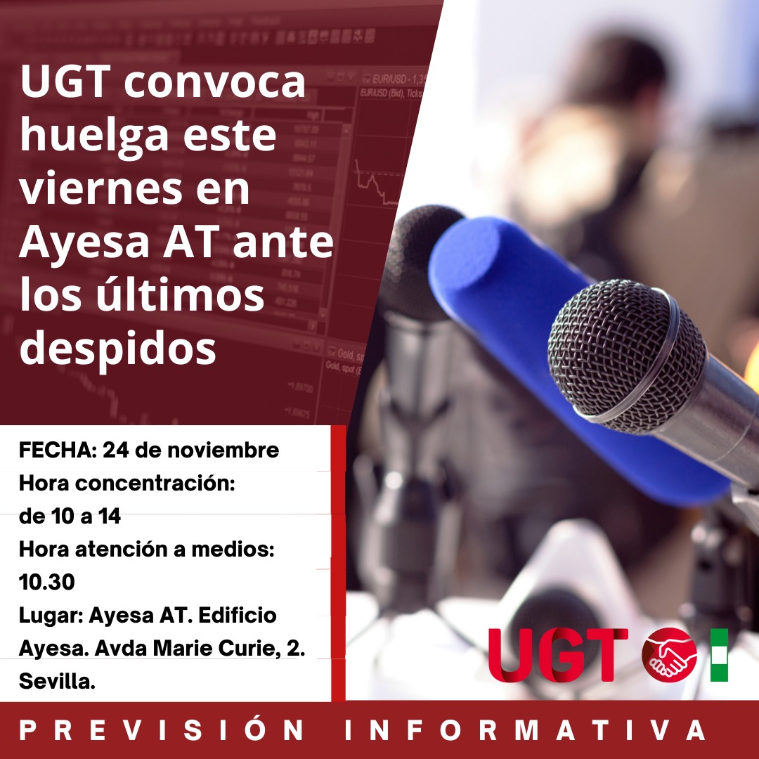 Mañana vamos a la HUELGA en #Ayesa #HuelgaAyesa contra los despidos y la política de obsolescencia programada
<a href="/UGT_Andalucia/">UGT Andalucia</a> 
<a href="/FesmcAccSind/">FESMC UGT Acción Sindical</a> 
<a href="/ugtsevilla/">UGT Sevilla</a> 
<a href="/FeSMC_UGT/">FeSMC.UGT</a> 
<a href="/UGTConvenioTIC/">UGT TIC</a>