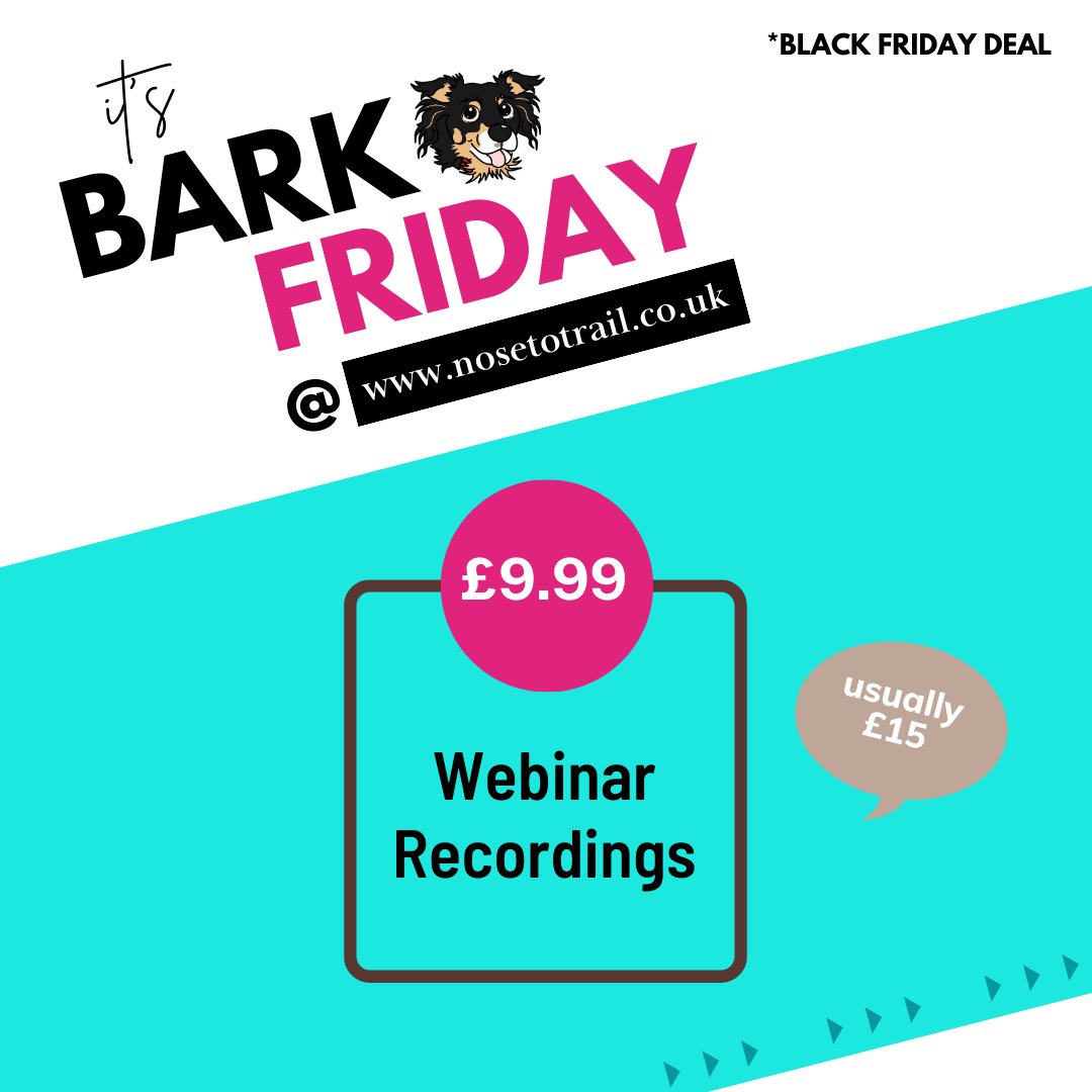 NoseToTrail's tweet image. Not local but still want to get in on our Bark Friday offers?
All webinar recordings are now £9.99 until the 2nd of December!
why not do some self study and help your dog from the comfort and warmth of your own home?

#webinar #dogbodylanguage #dogtraining