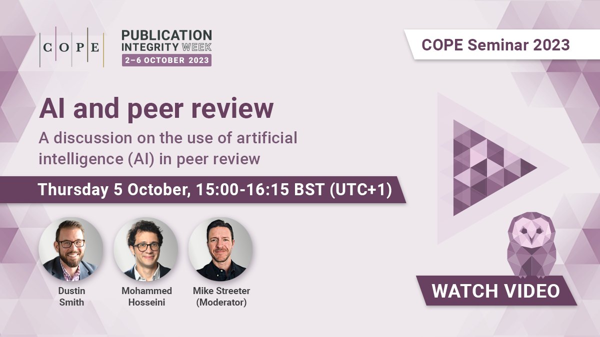 When and how is artificial intelligence useful in peer review? When is AI unsuitable? 
Watch the discussion with Dustin Smith <a href="/hogandfox/">Dustin Smith</a> and Mohammed Hosseini <a href="/NUFeinbergMed/">Northwestern Feinberg School of Medicine</a>. 
One of 11 sessions held in #PublicationIntegrityWeek.
#PeerReview
#AIpeerreview
ow.ly/5VxW50Q3zhP
