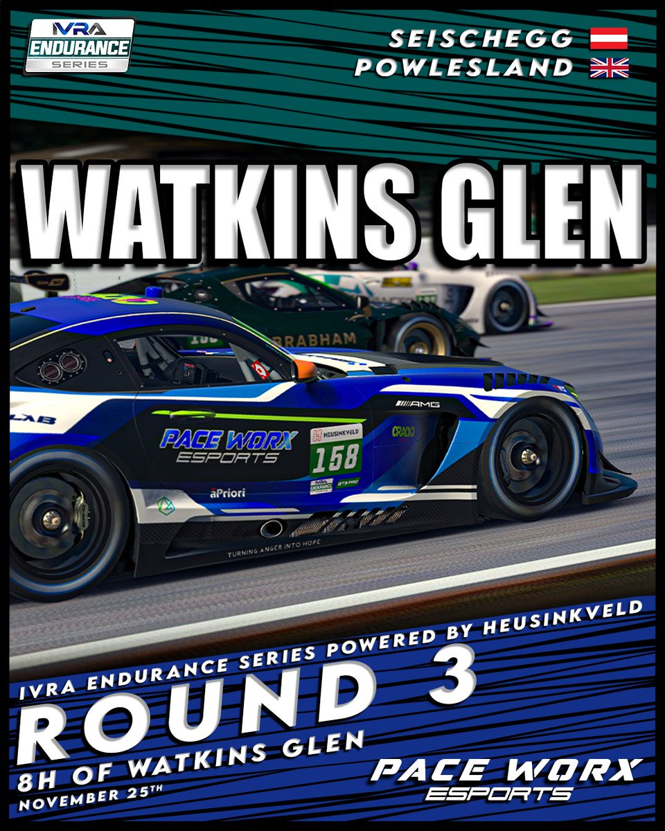 🔴This Saturday is Round 3 of the IVRA Endurance Series Powered By Heusinkveld. 
We will be battling Watkins Glen for 8 hours.

Car 158 is currently in p18 while our Pro Am car 243 is in P5 battling for top 5 in standings! 🤩🔥 

#IVRA #PaceWorx #Simracing #motorsports #esports