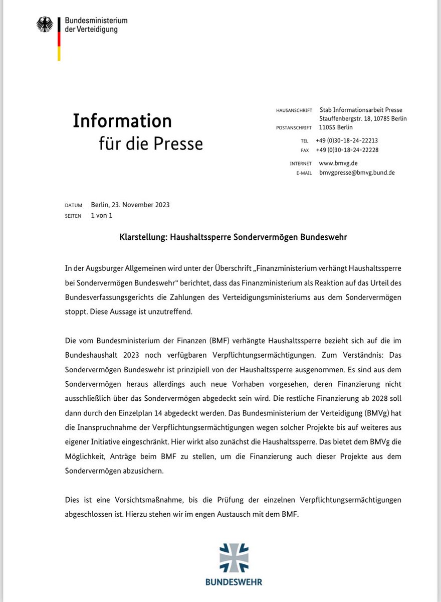 „Das ist eine Vorsichtsmaßnahme“

Erklärung des <a href="/BMVg_Bundeswehr/">Verteidigungsministerium</a> zu der Nachricht der <a href="/AZ_Augsburg/">AugsburgerAllgemeine</a>, dass das Sondervermögen ebenfalls von der Haushaltssperre betroffen sei