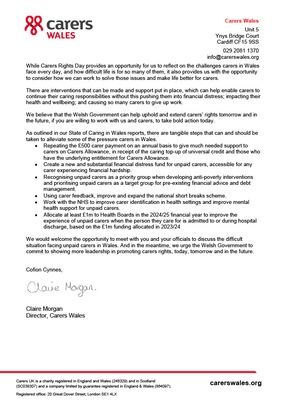 This #CarersRightsDay we have written to the First Minister of Wales to highlight the findings of our #StateOfCaringInWales surveys. The reports paint a bleak picture for many carers in Wales, with regard to carers' health & wellbeing as well as their financial situation.