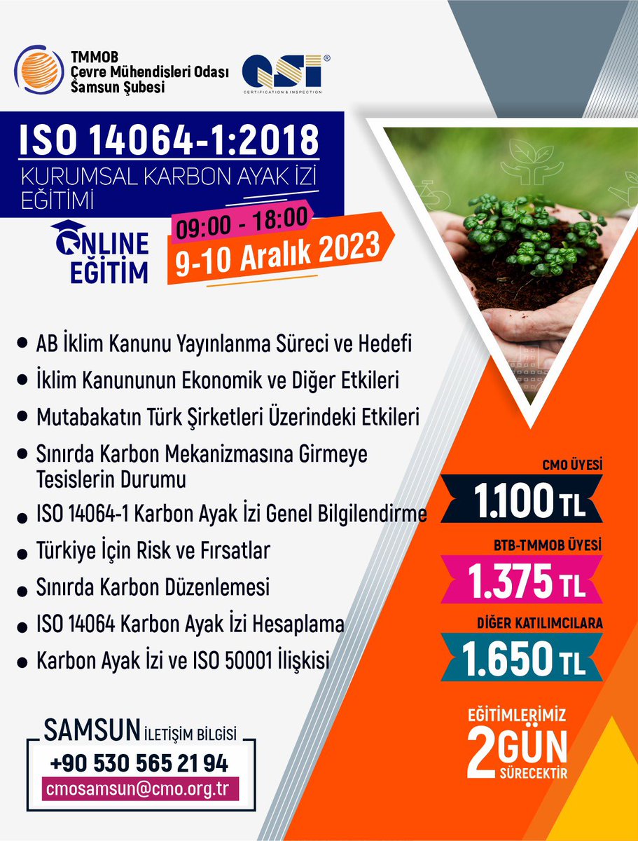 📌 Eğitim Duyurusu 

Şubemiz tarafından 09.12.2023-10.12.2023 tarihleri arasında “ISO 14064-1:2018 KURUMSAL KARBON AYAK İZİ” online eğitimi düzenlenecektir.

Ayrıntılı bilgiye aşağıdaki linkten ulaşabilirsiniz.
cmo.org.tr/sumer/detail/2…