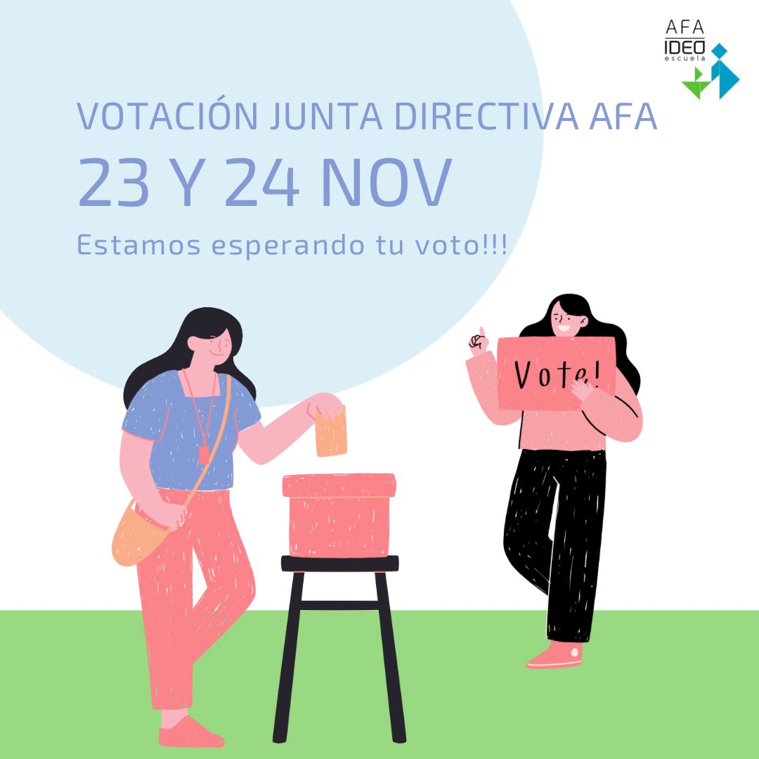 🗳️SEMANA ELECCIONES JUNTA DIRECTIVA AFA

Pásate por el Espacio de Familias:
 ◦ 23 de noviembre de 8.30 a 9.30 y de 16.30 a 17.30 h
 ◦ 24 de noviembre de 8.30 a 9.30 y de 16.30 a 17.30 h