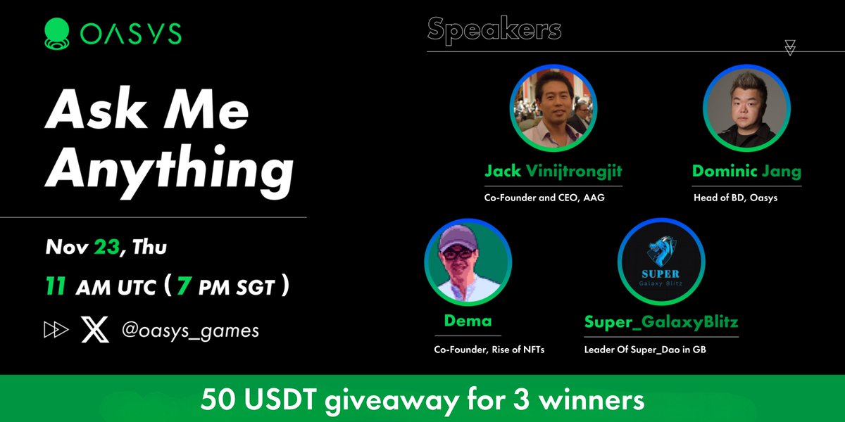 Join our #AMA with @SaakuruChain, @GalaxyBlitzGame & @RiseNFTs to learn how we're building #thefutureofgaming 🎮 We'll explore new game titles, #Oasys' gaming-optimised infrastructure and what lies ahead in #BlockchainGaming 📅 Date: 23 Nov ⏰ Time: 11 AM UTC (7 PM SGT) 🔗